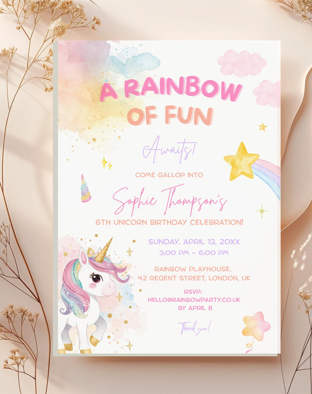 Unicorn Rainbow Birthday Invitation