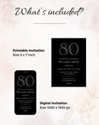 80th Black Silver Elegant Birthday Invitation