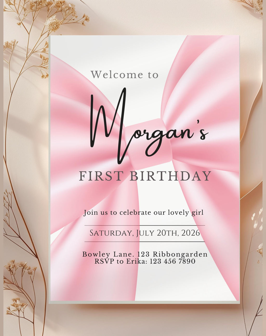 First Birthday Pink Ribbon Invitation