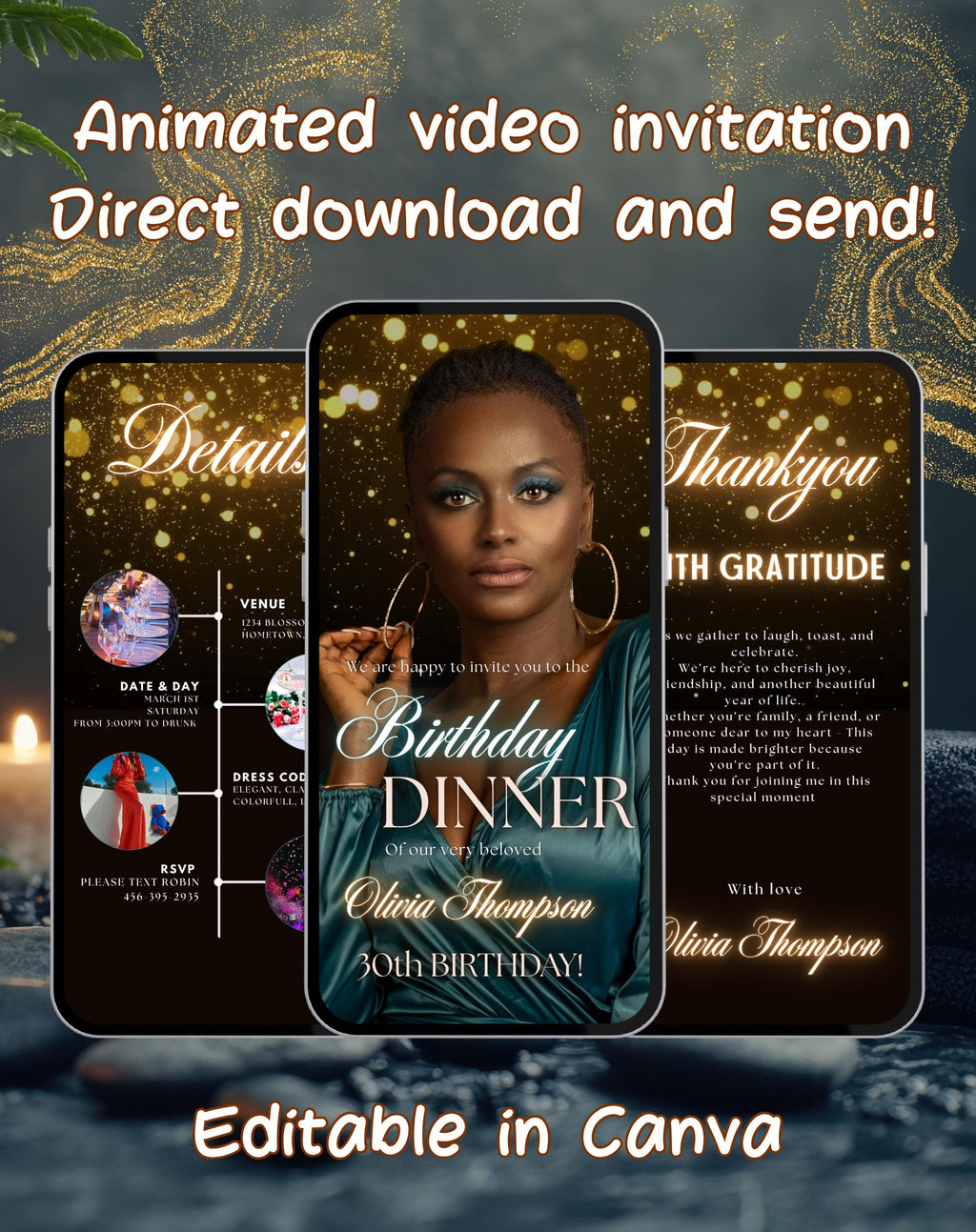 Black/Gold Neon Birthday Dinner Invitation (E-vite)