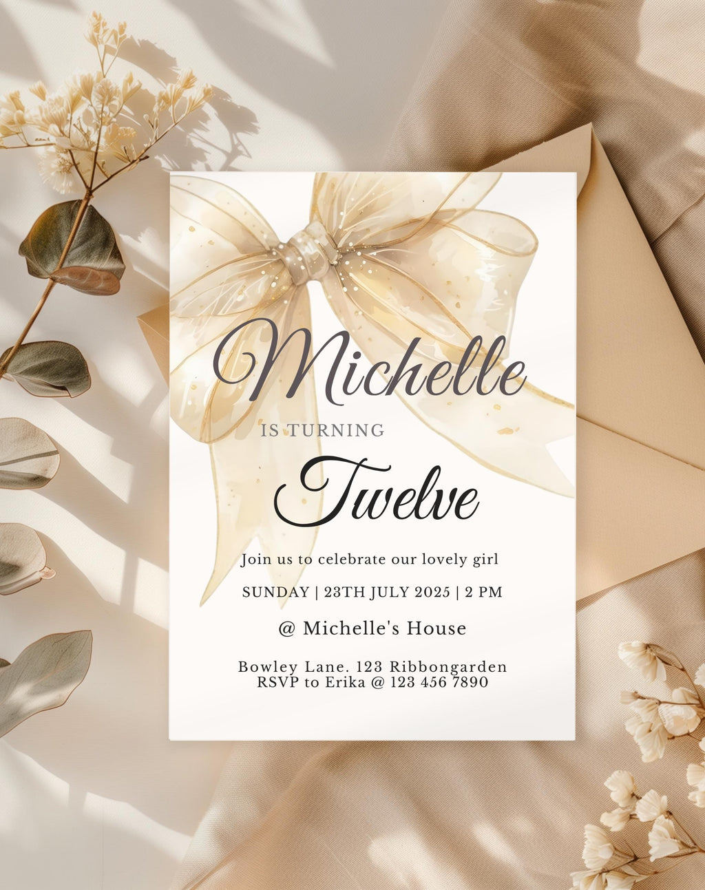Gold Sheer Bow Birthday Party Invitation
