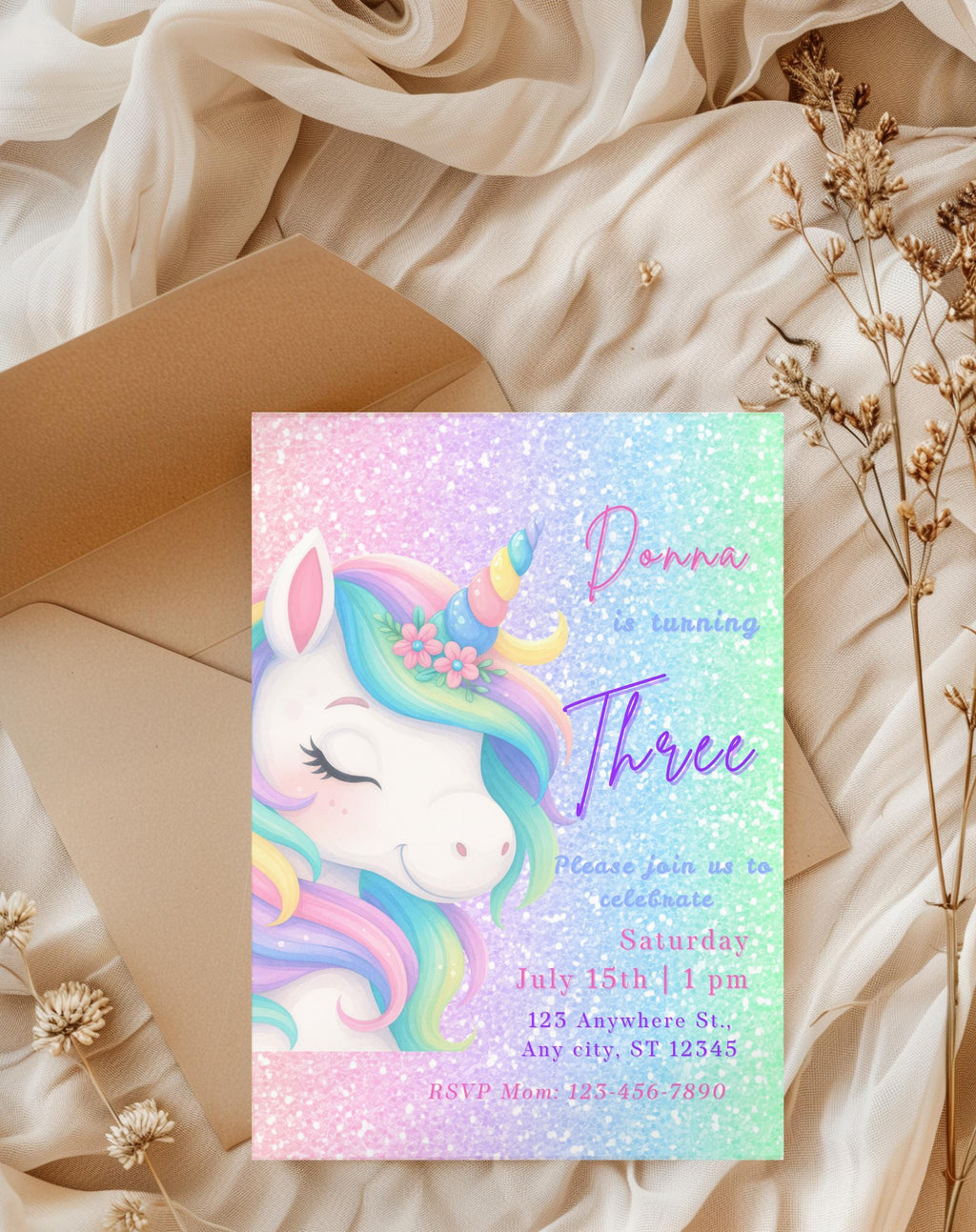Unicorn Pastel Sparkle Birthday Invitation