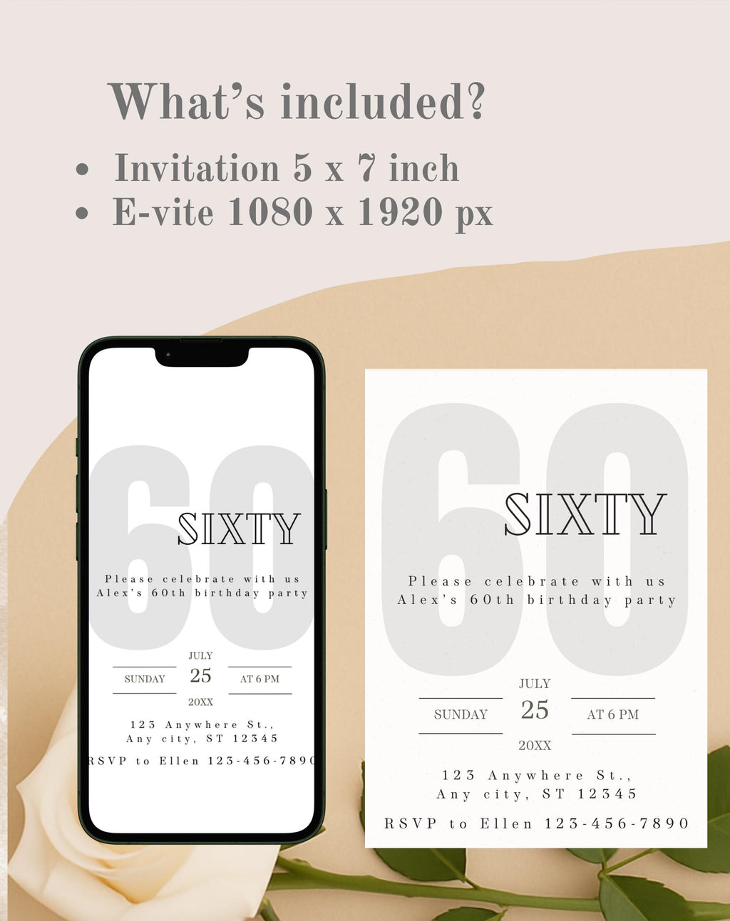 60th Black and White Birthday Invitation