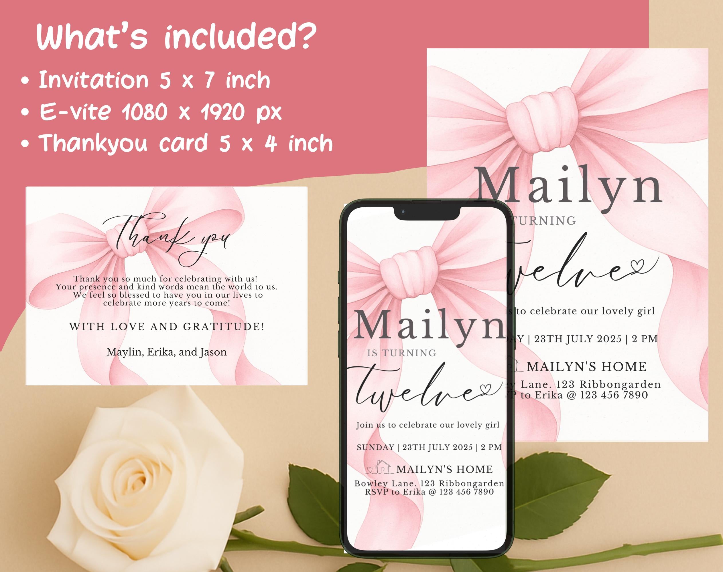 Pink Bow Blush Ribbon Birthday Invitation
