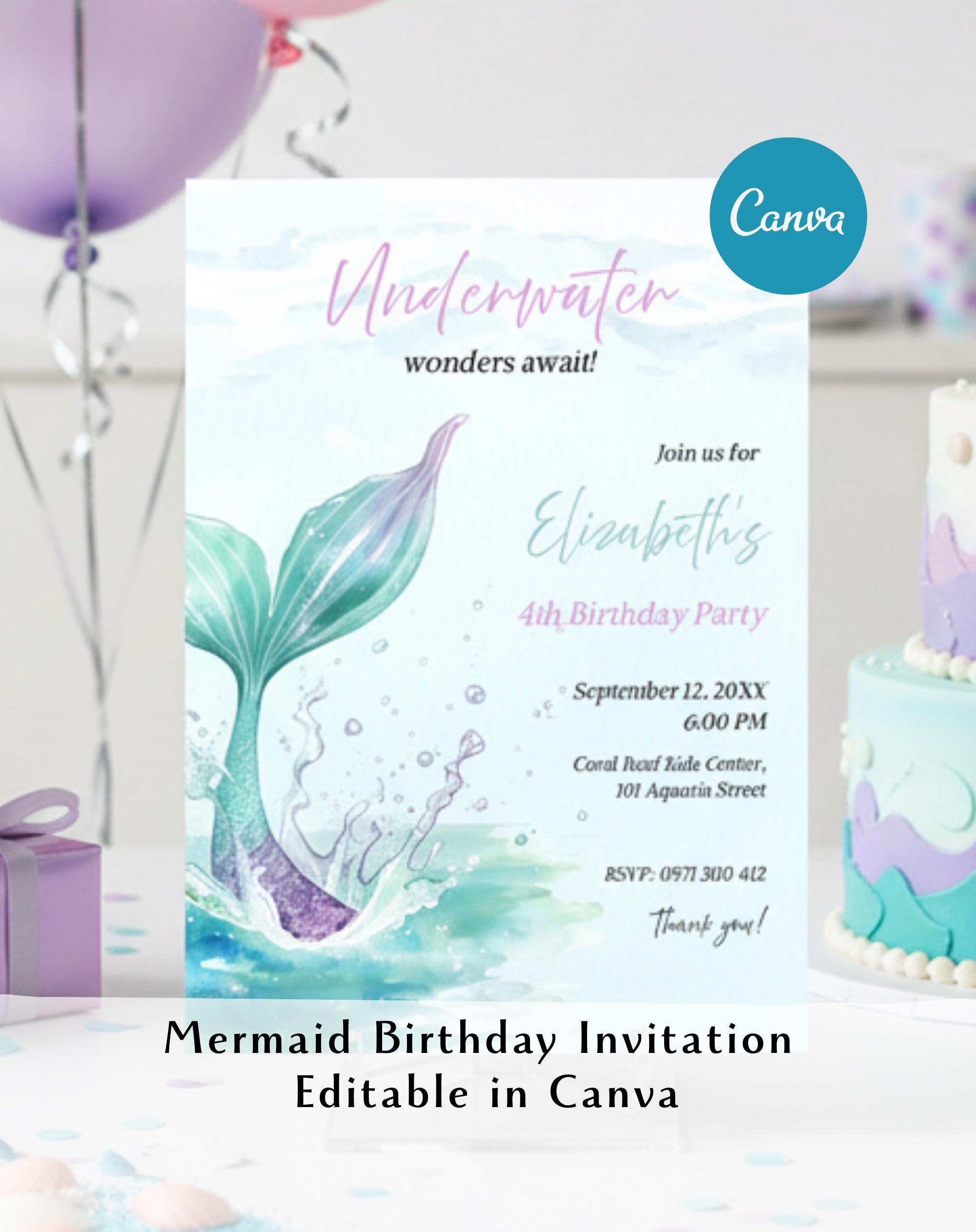 Watercolor Mermaid Underwater Birthday Invitation