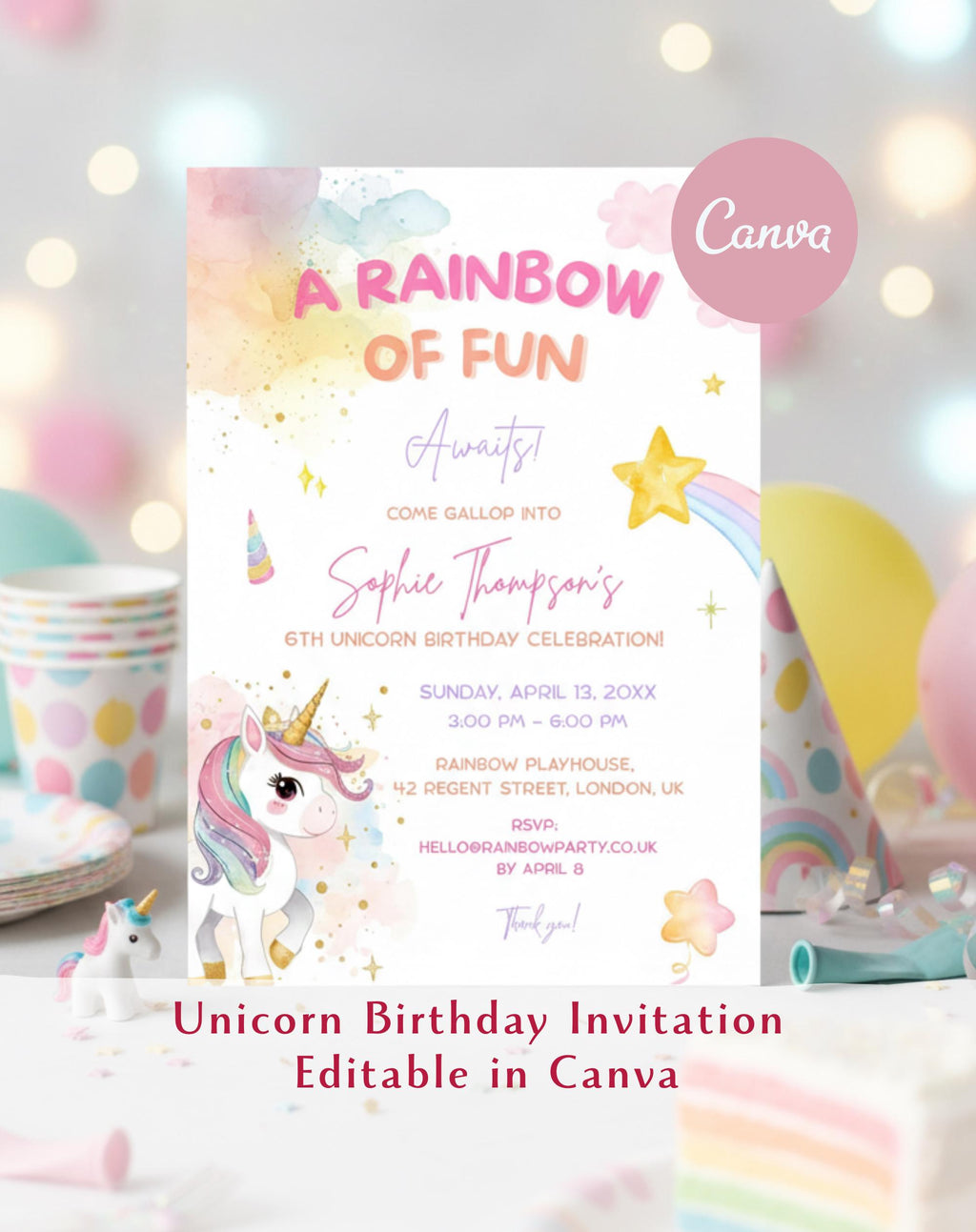 Unicorn Rainbow Birthday Invitation