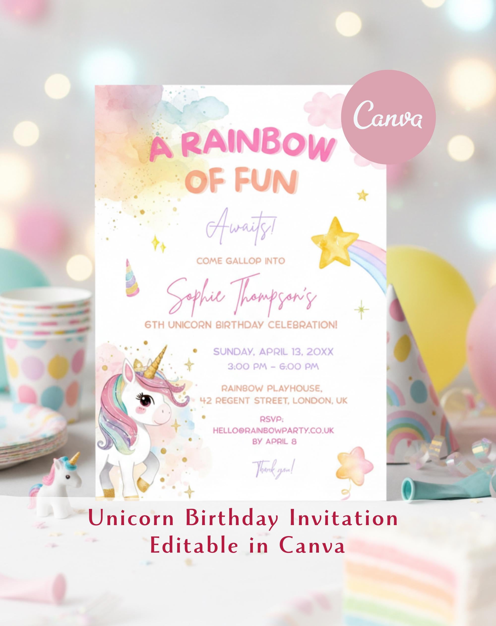 Unicorn Rainbow Birthday Invitation