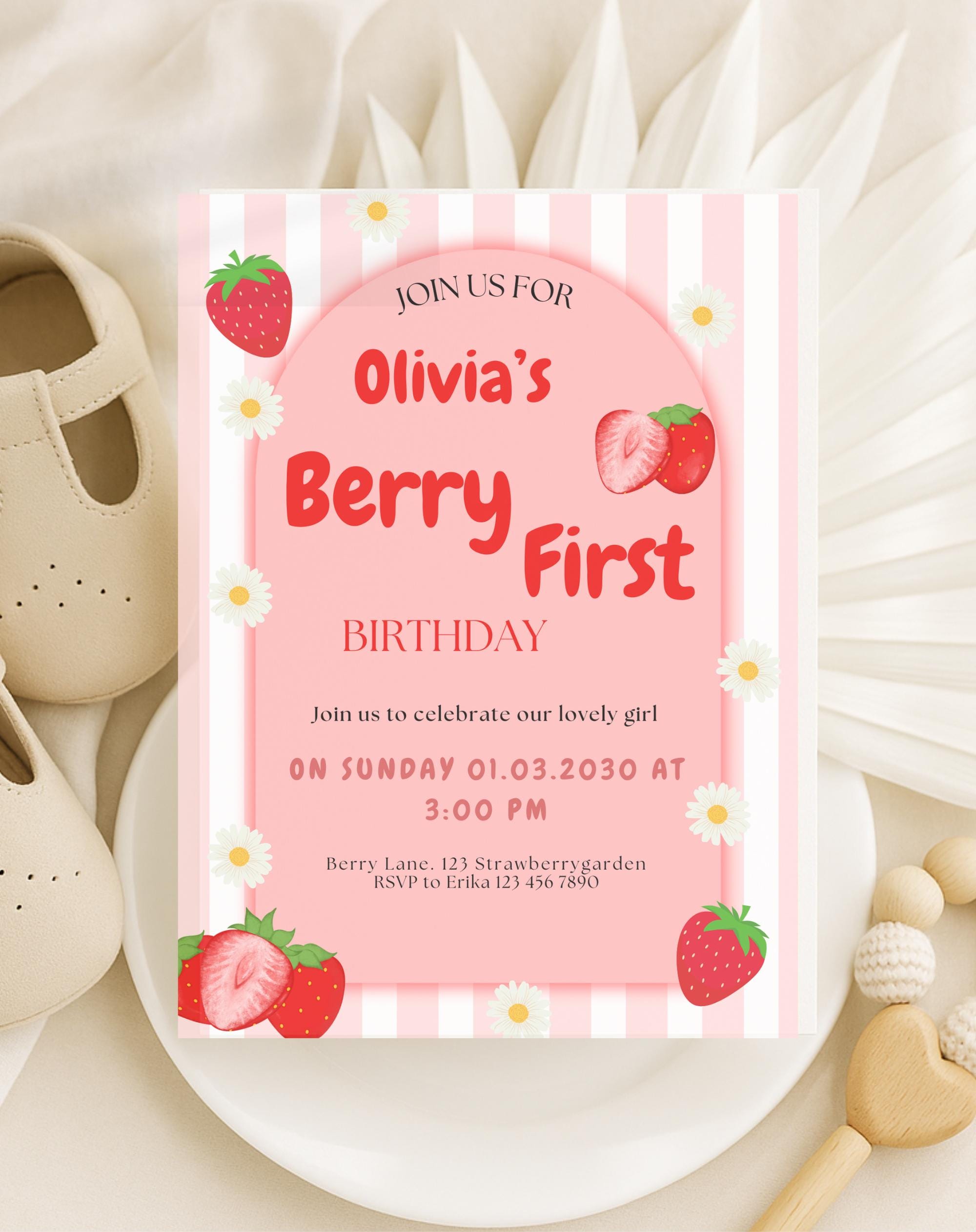 Strawberry Berry First Birthday Invitation
