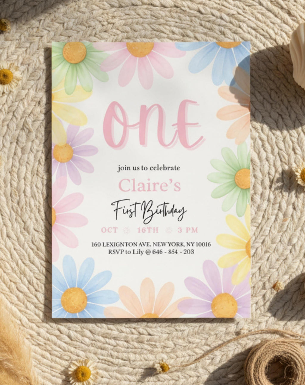 Pastel Floral Daisy First Birthday Invitation
