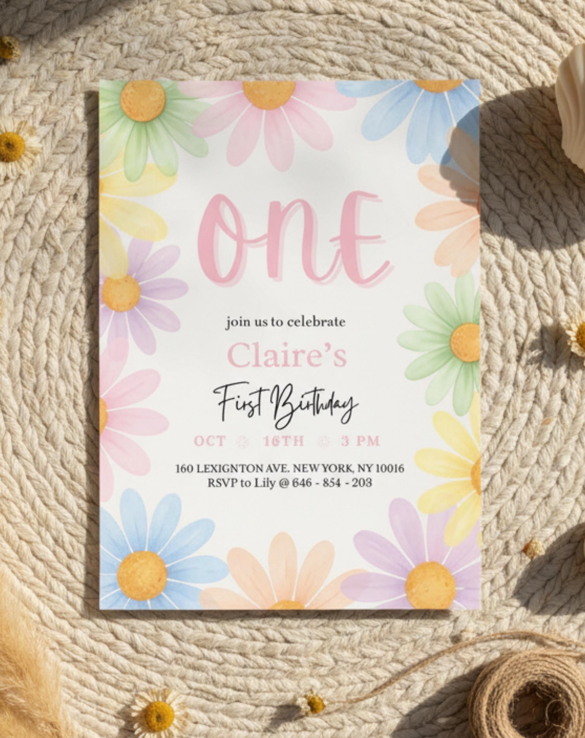Pastel Floral Daisy First Birthday Invitation