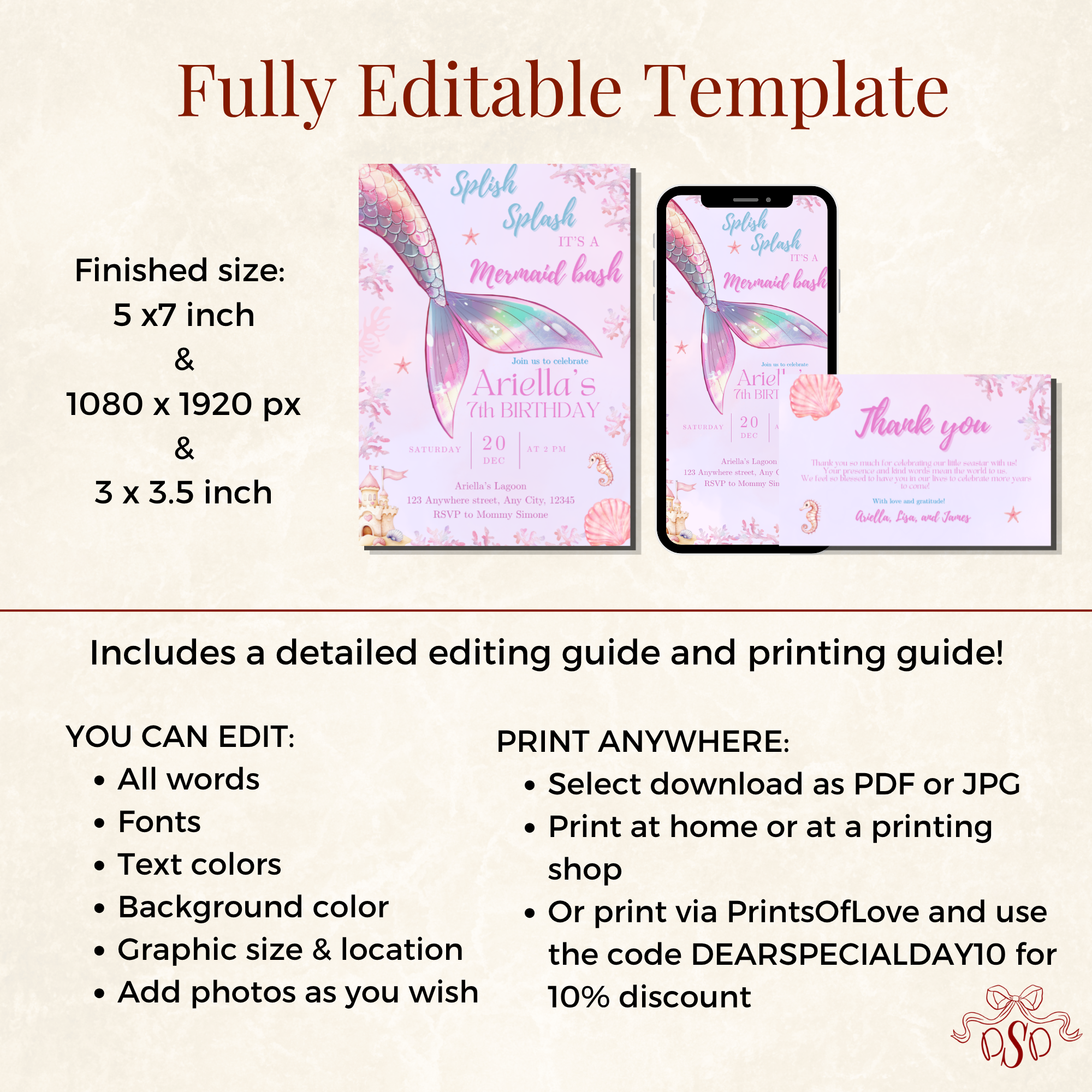 7th Mermaid Pastel Under the Sea Birthday Invitation - additional gallery view