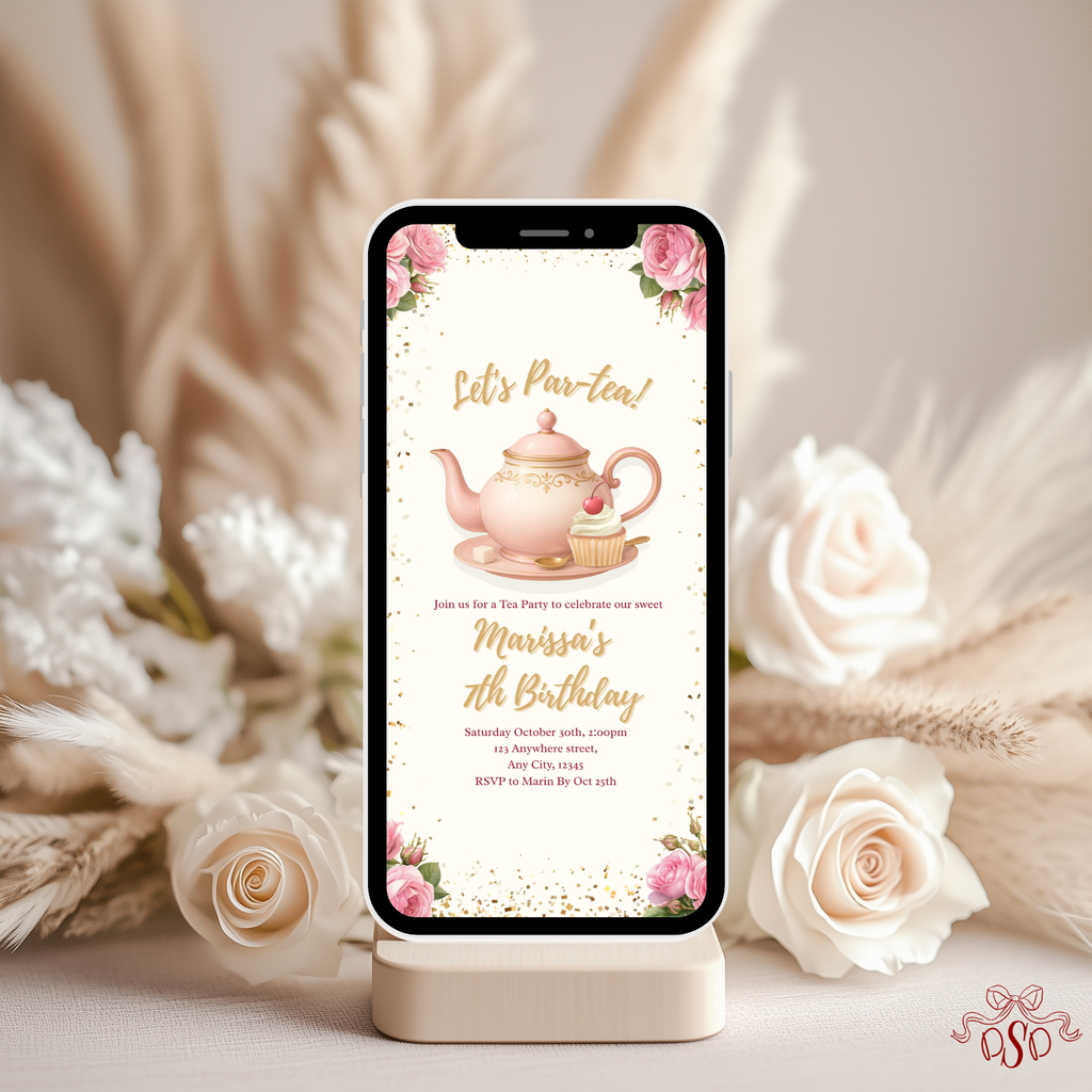 7th Pink Floral Tea Party Birthday Invitation - printable invite design detail