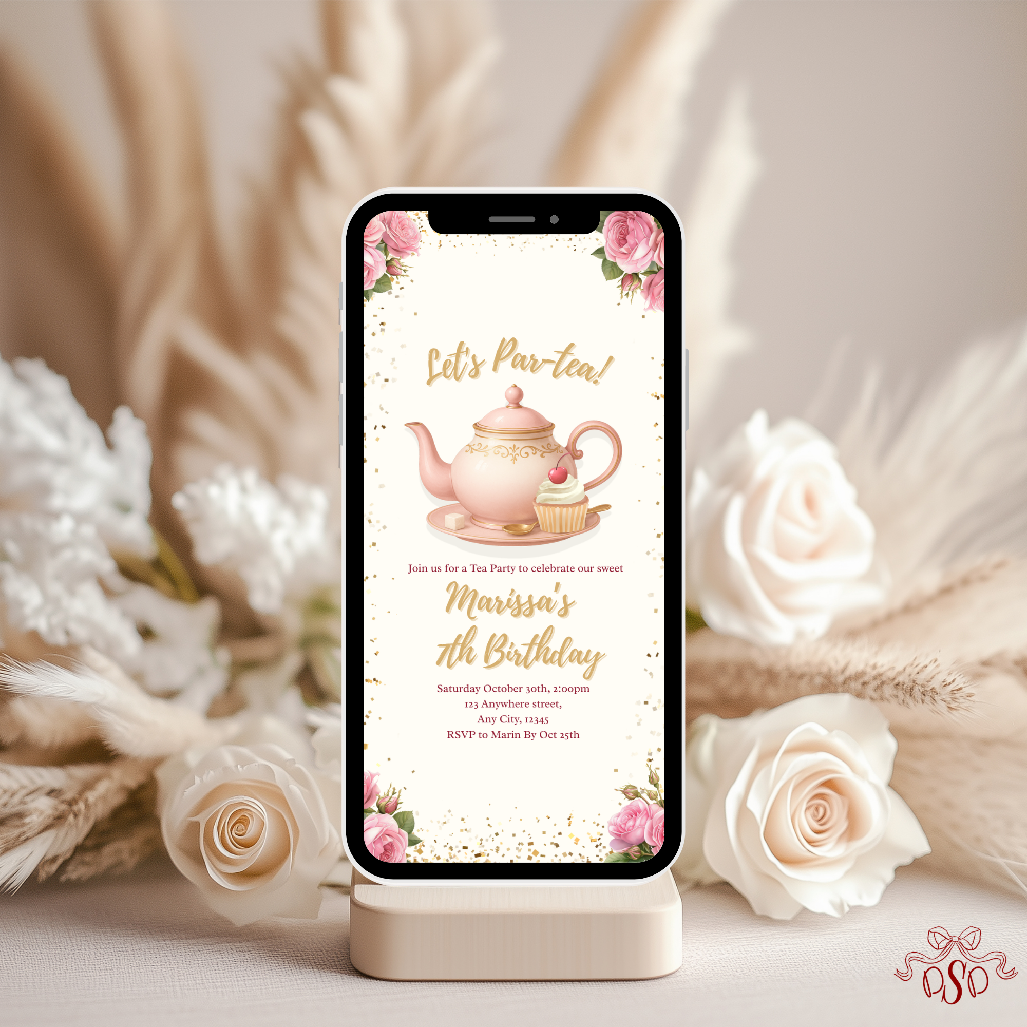 7th Pink Floral Tea Party Birthday Invitation - printable invite design detail