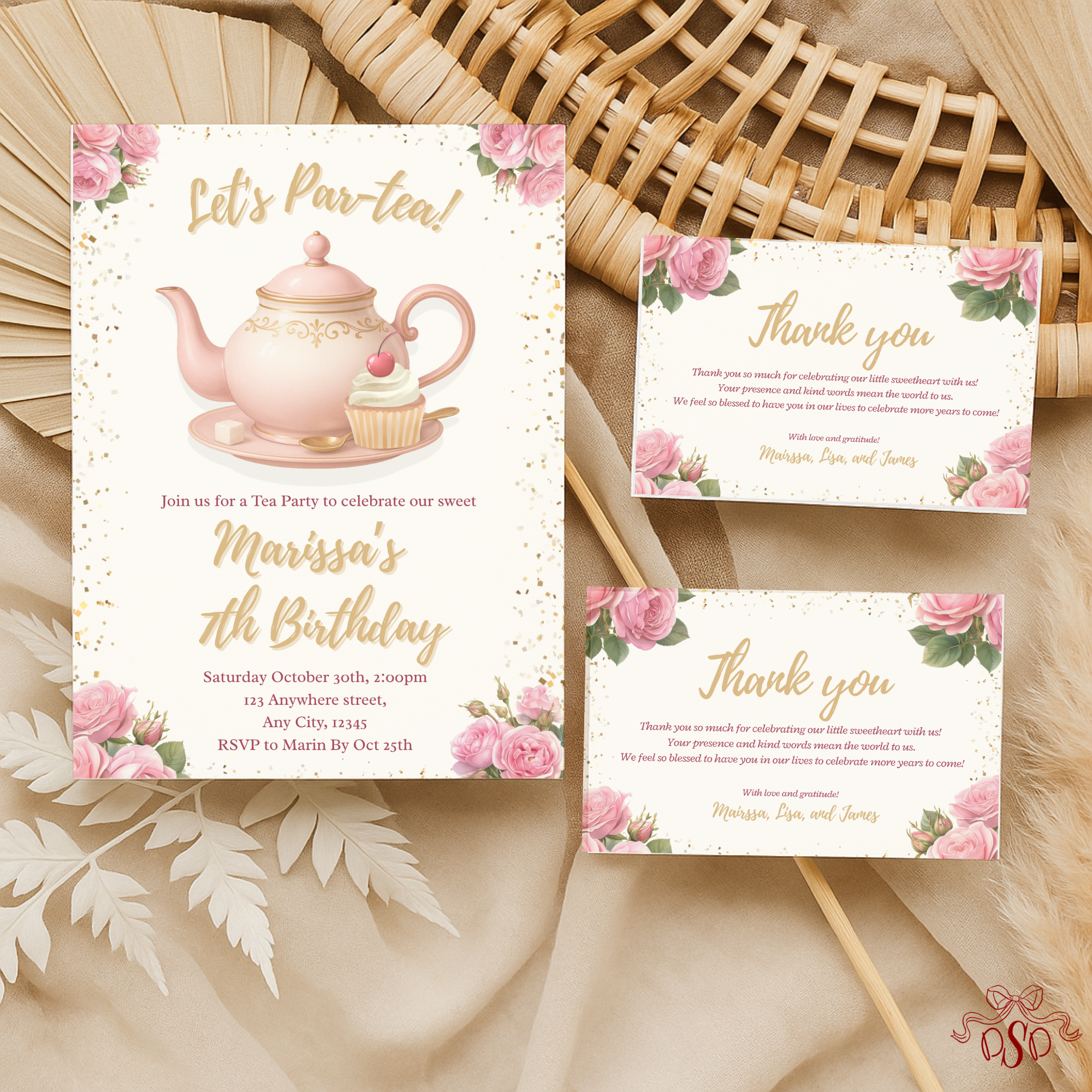 7th Pink Floral Tea Party Birthday Invitation - styled invitation mockup