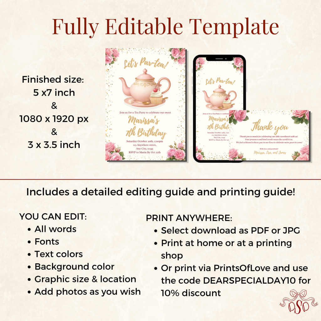 7th Pink Floral Tea Party Birthday Invitation - additional gallery view