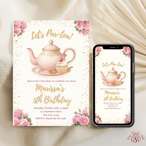 5th Pink Floral Tea Party Birthday Invitation