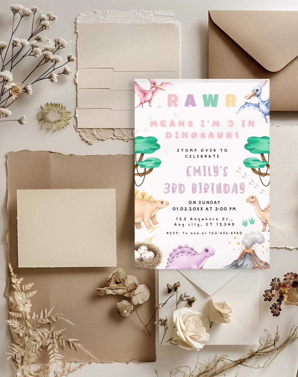 Dinosaur Pastel Birthday Invitation