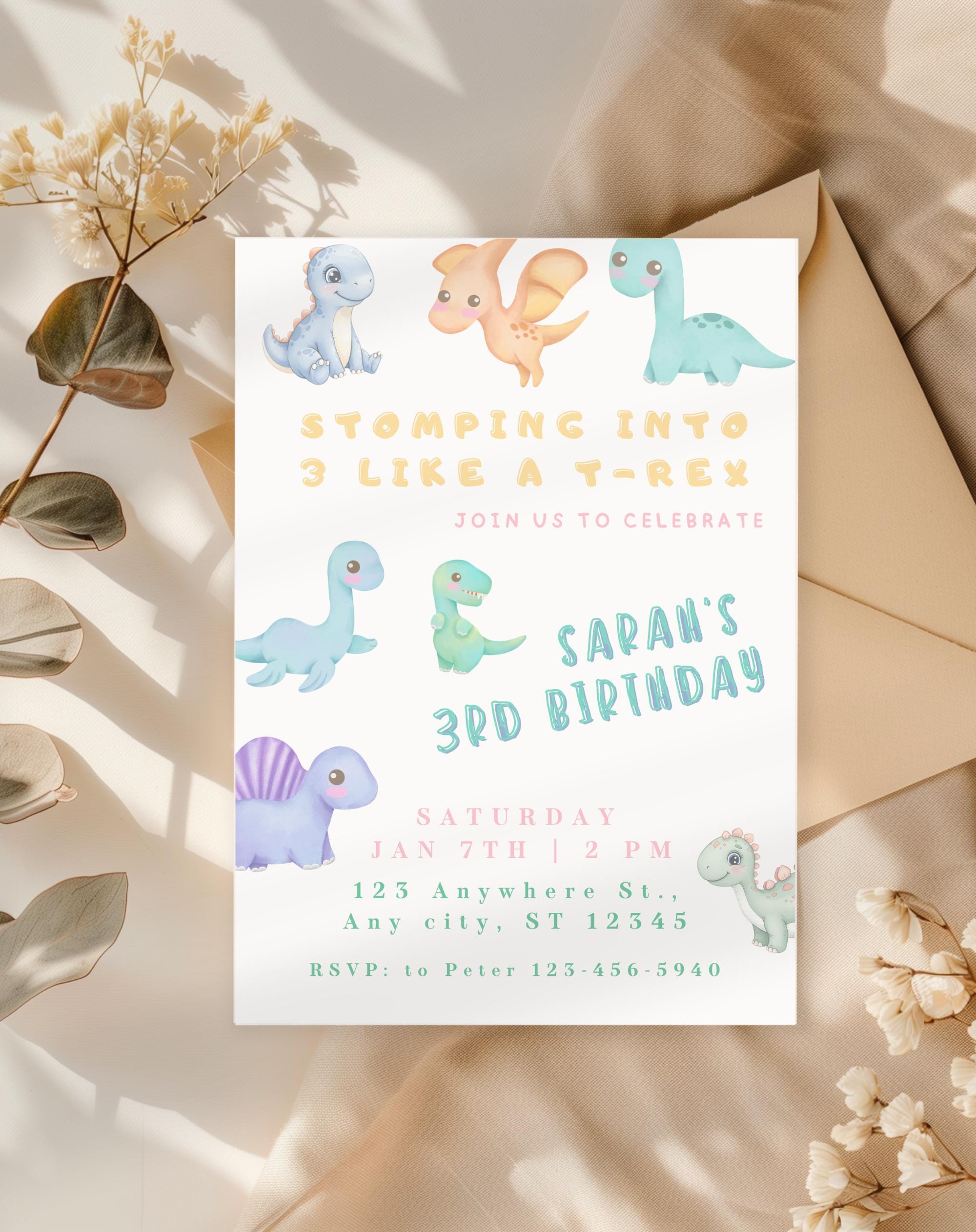 Pastel Dinosaur Birthday Invitation