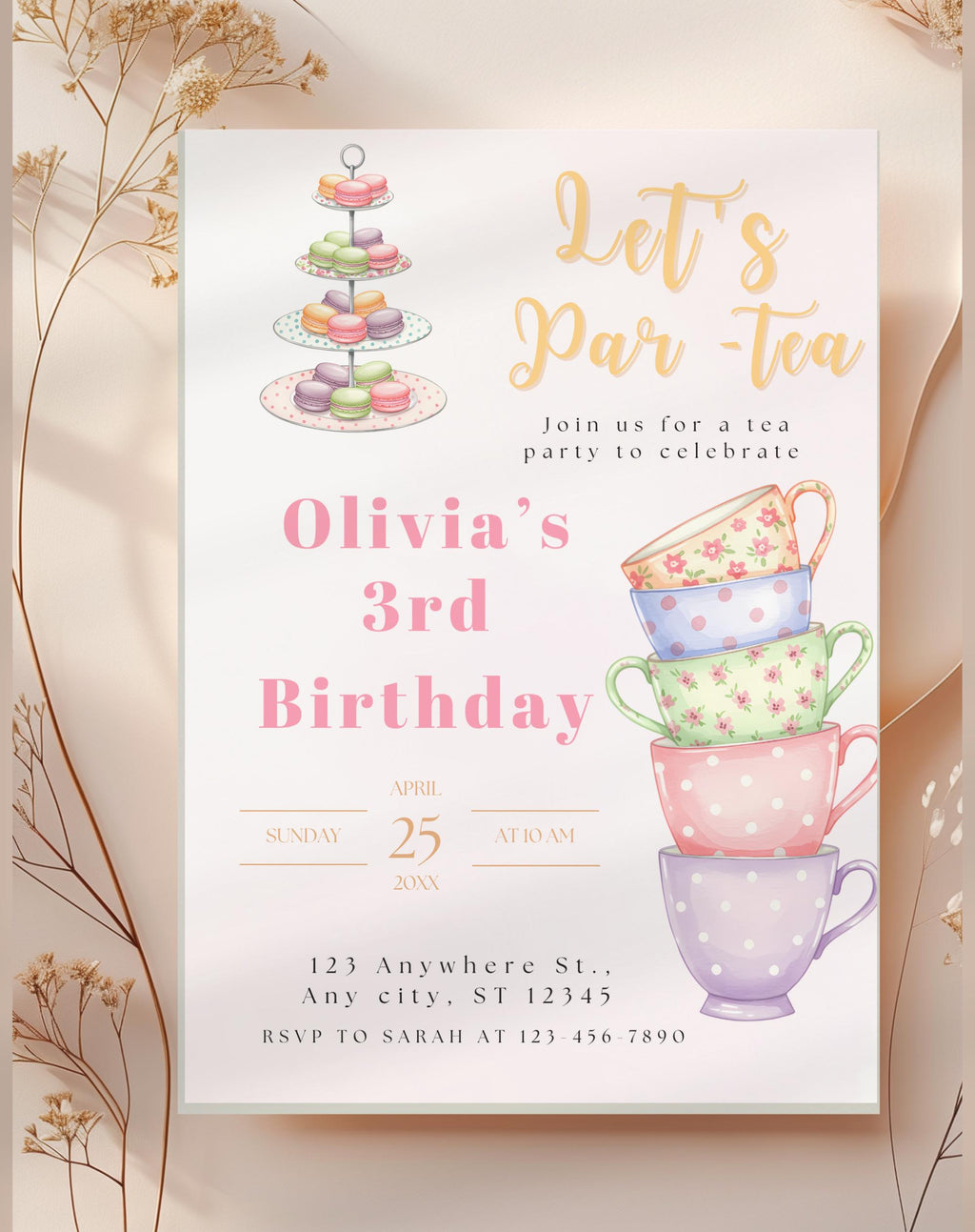 Tea Cups Tea Party Birthday Invitation