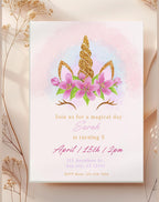 Unicorn Pink Gold Floral Birthday Invitation