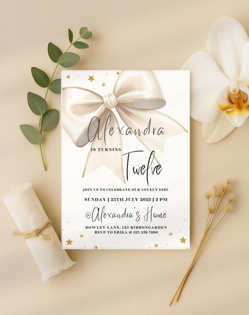 Gold Bow Satin Ribbon Birthday Invitation