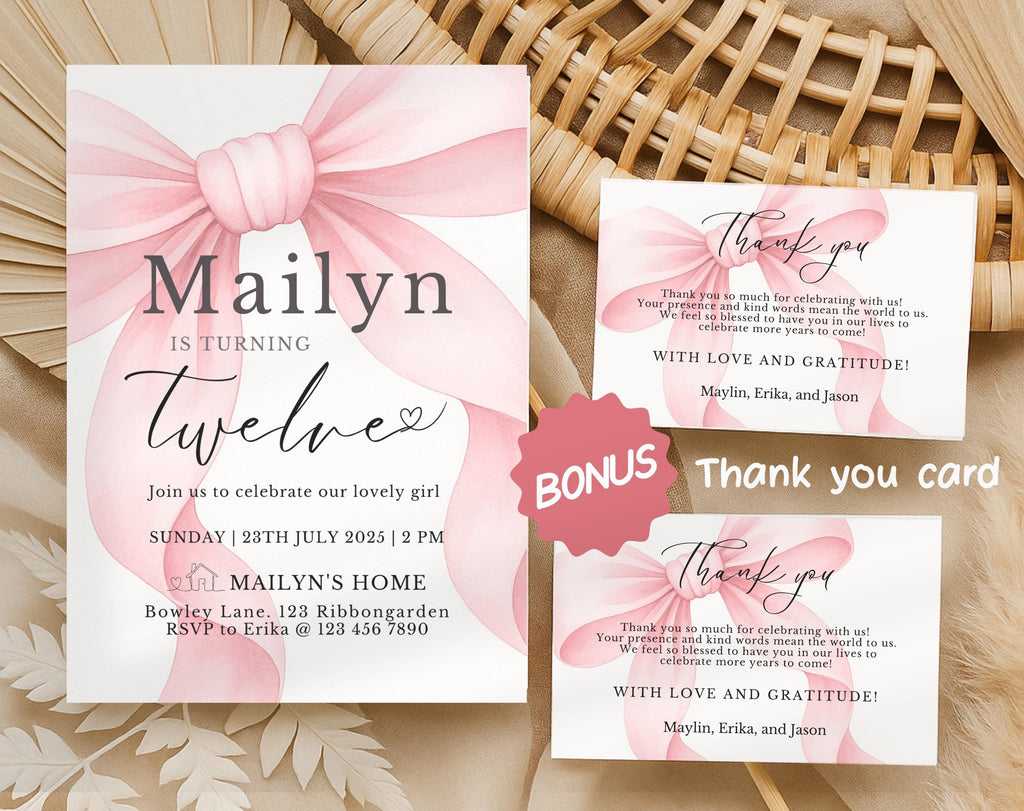 Pink Bow Blush Ribbon Birthday Invitation