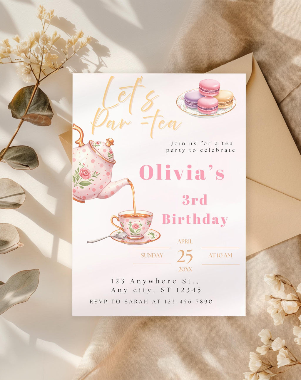 Tea Party Gold/Pink Birthday Invitation
