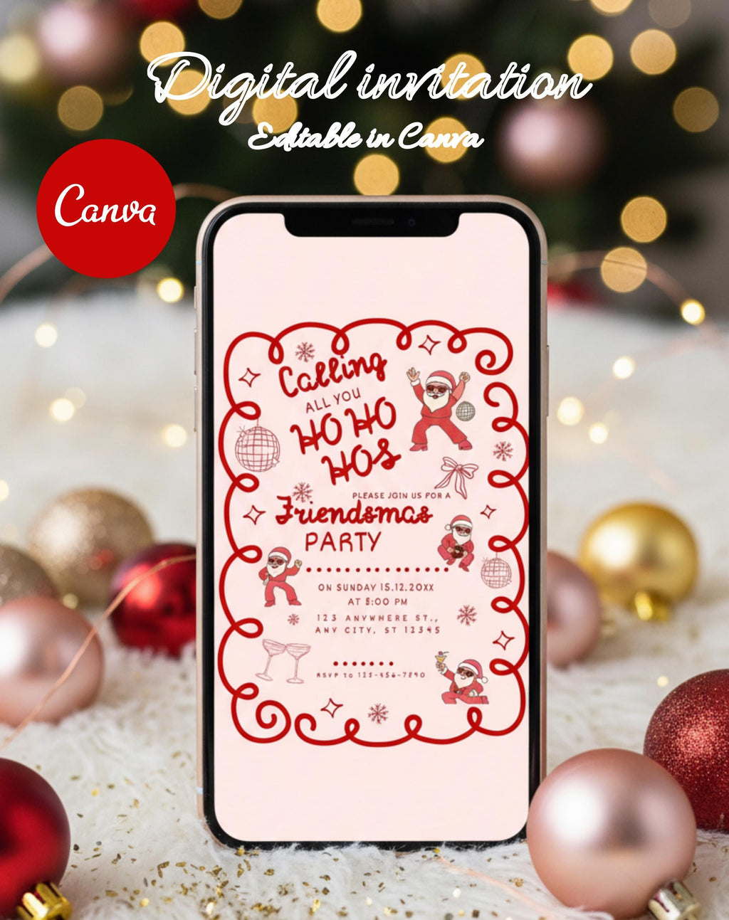 Christmas Pink/Red Retro Friendsmas Party Invitation (E-vite)