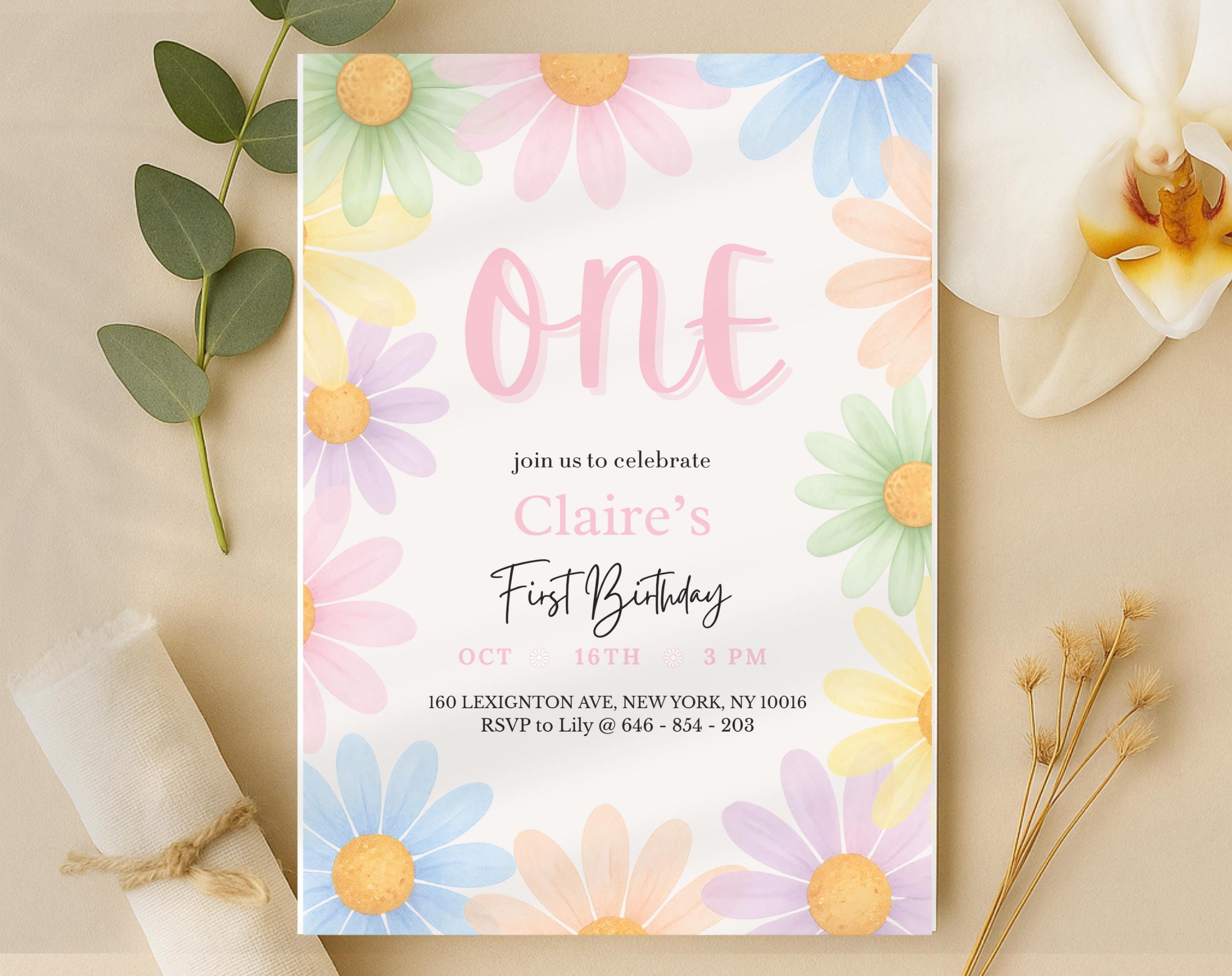 Pastel Floral Daisy First Birthday Invitation