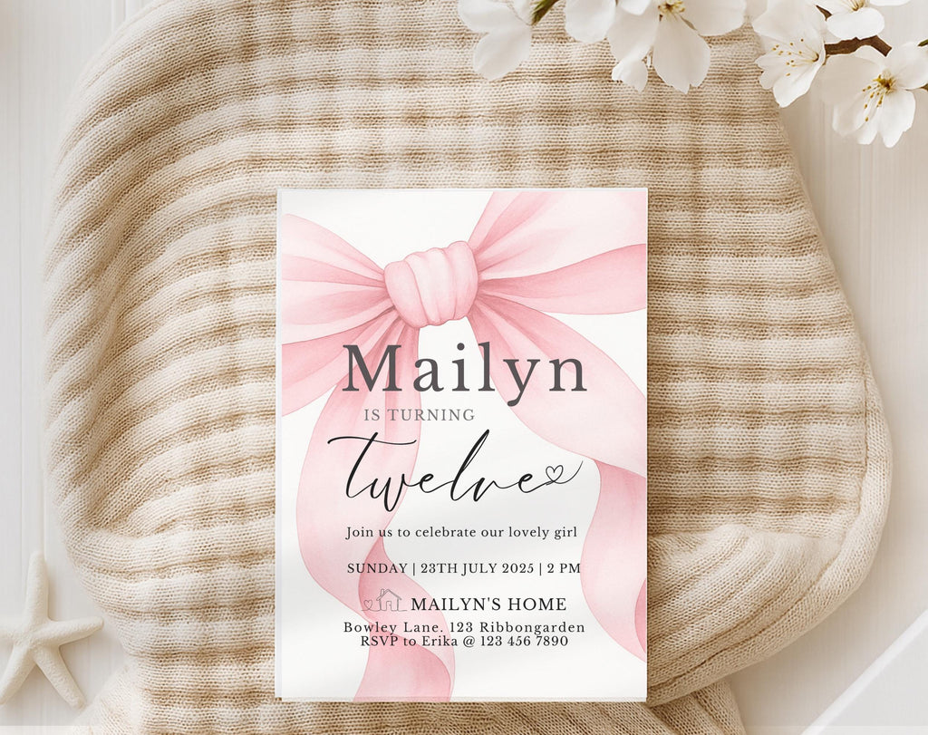 Pink Bow Blush Ribbon Birthday Invitation