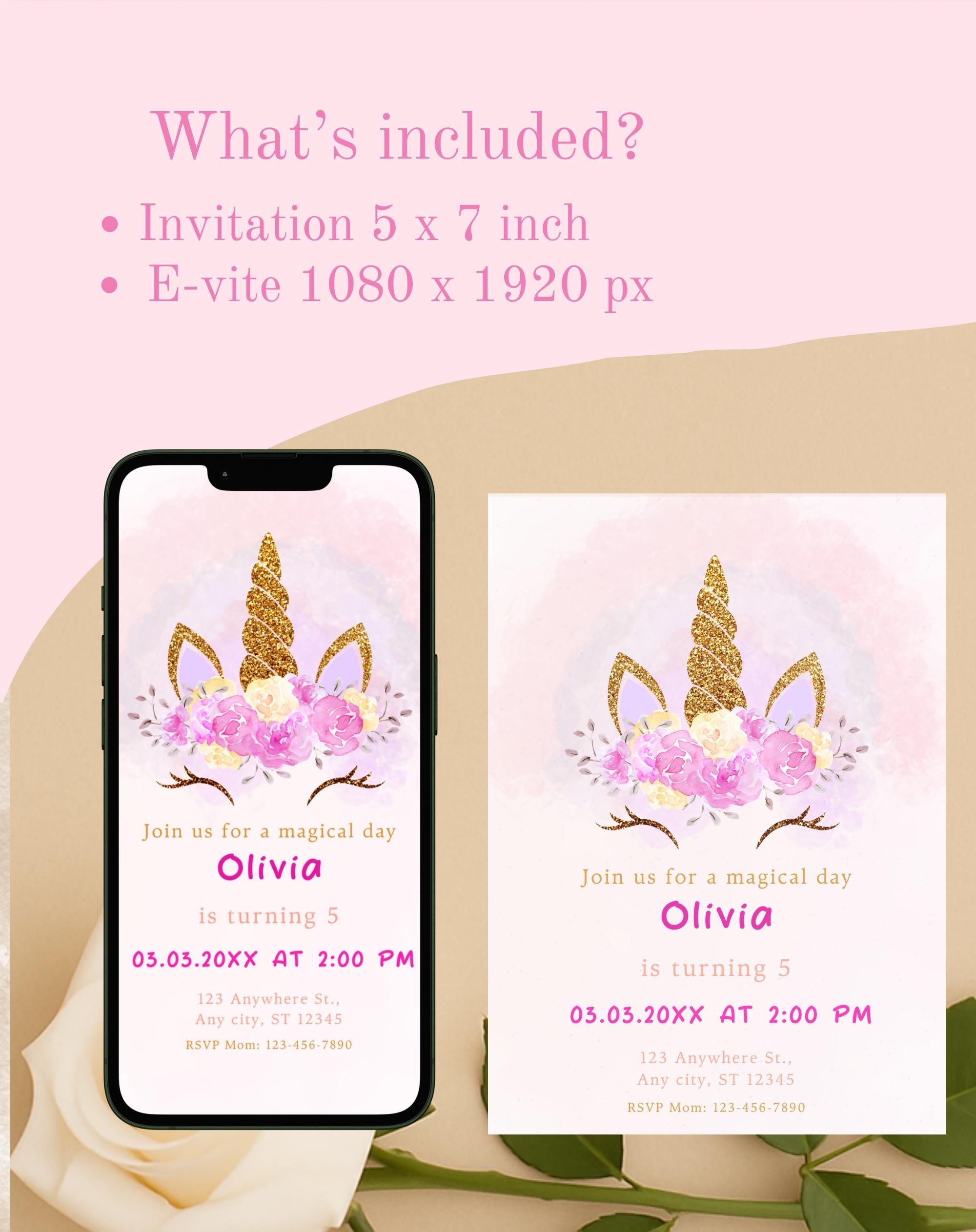 Unicorn Pink Gold Floral Birthday Invitation