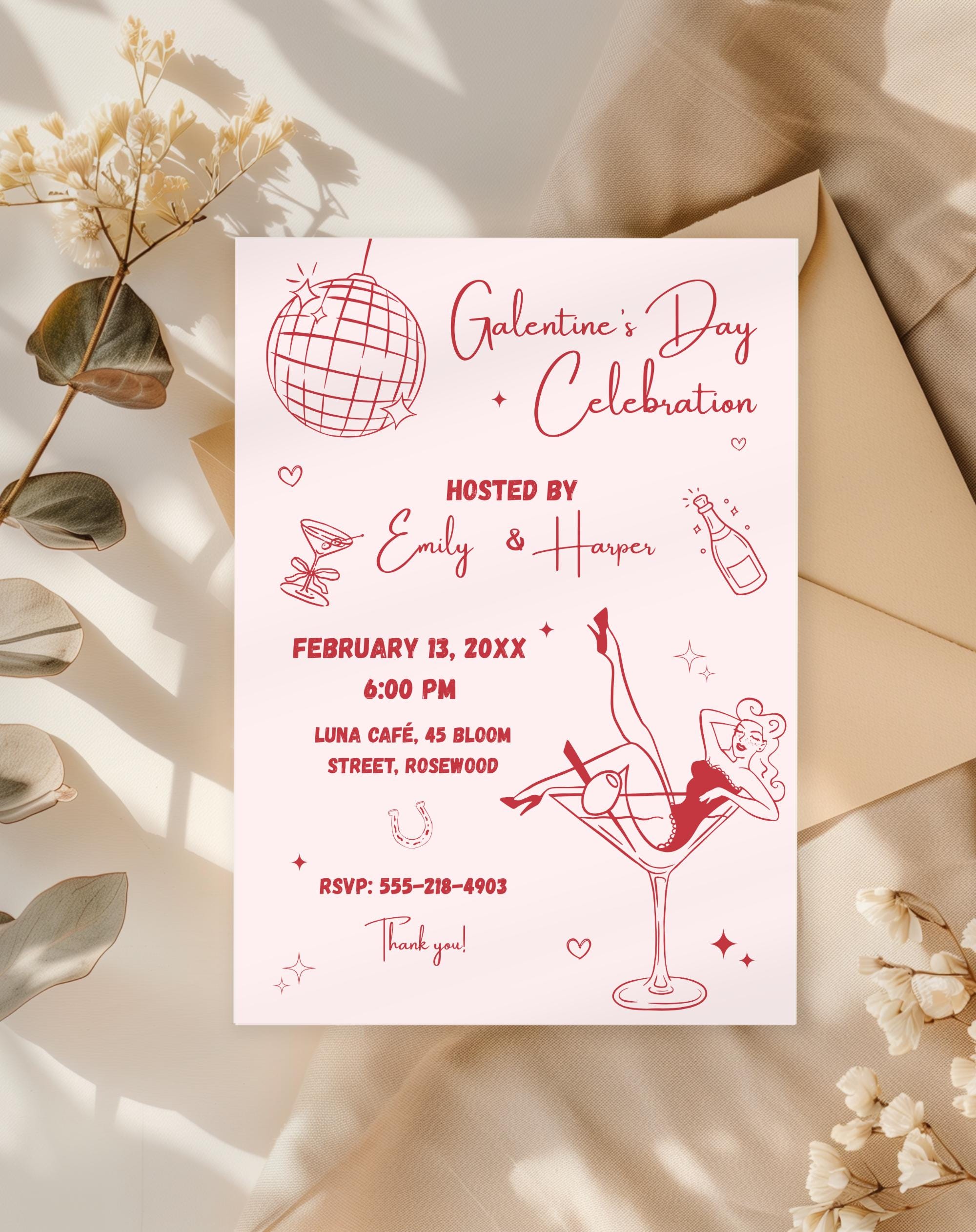 Galentine Pink Valentine Girls Night Party Invitation