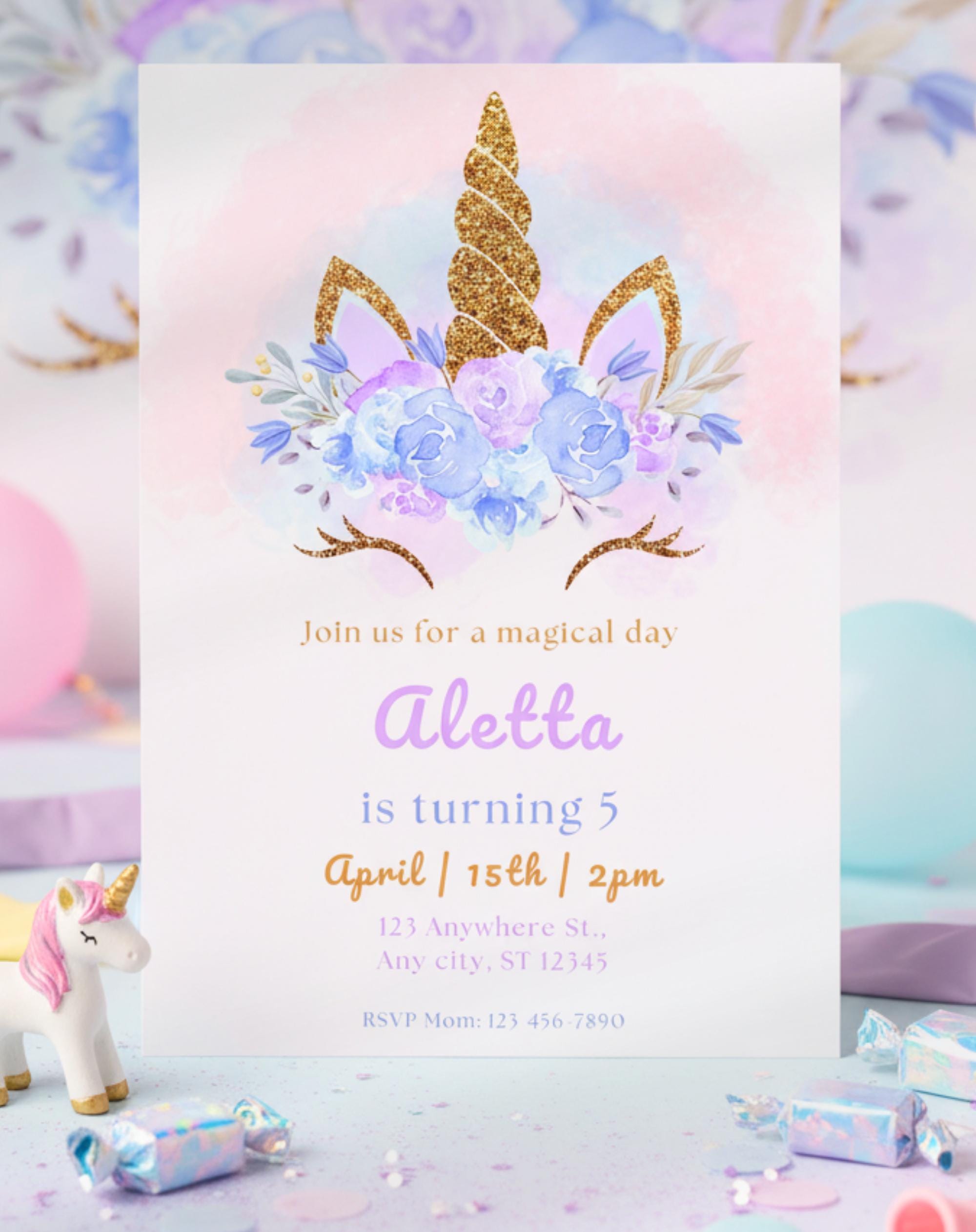 Gold Glitter Unicorn Birthday Invitation