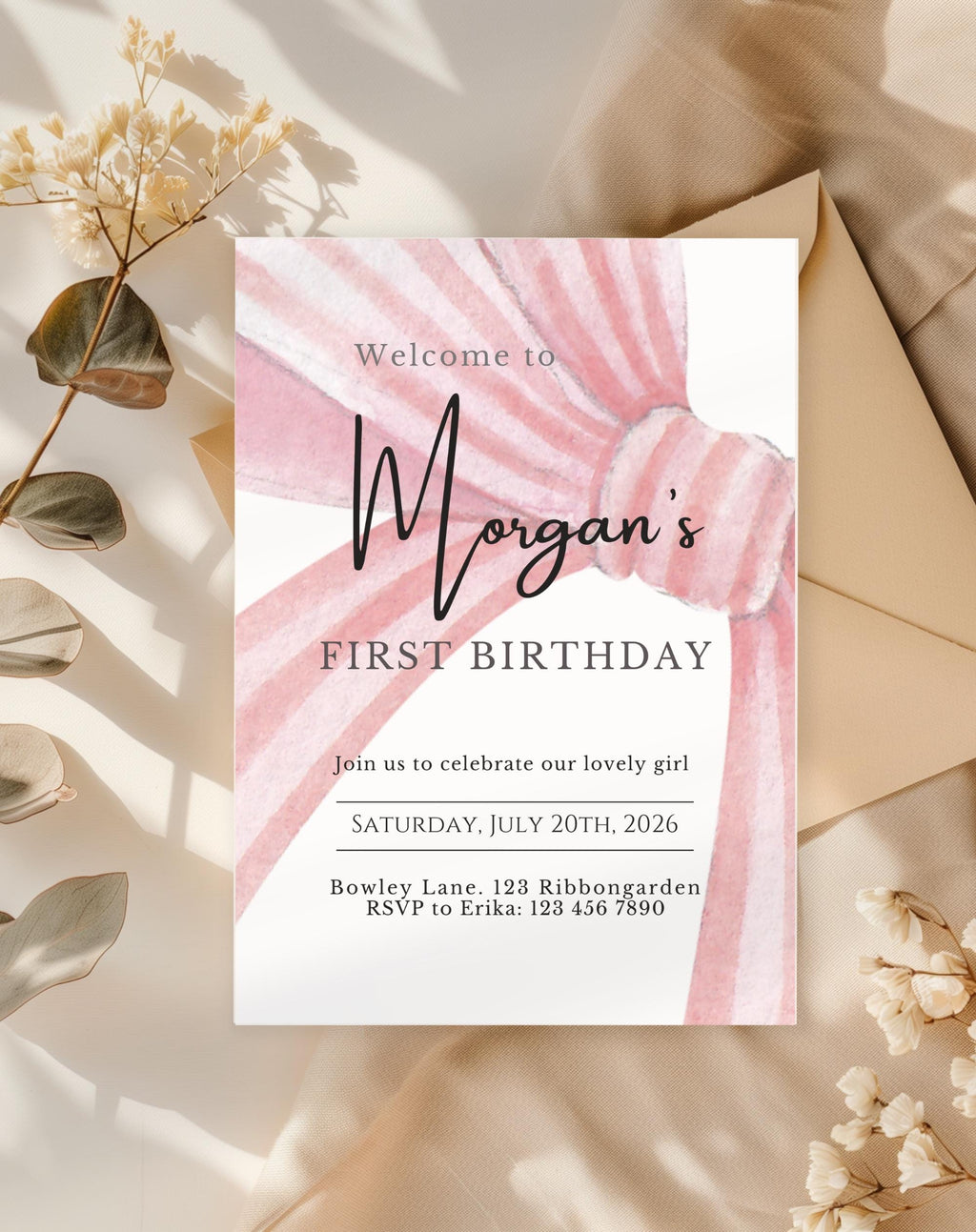 First Birthday Pink Bow Invitation