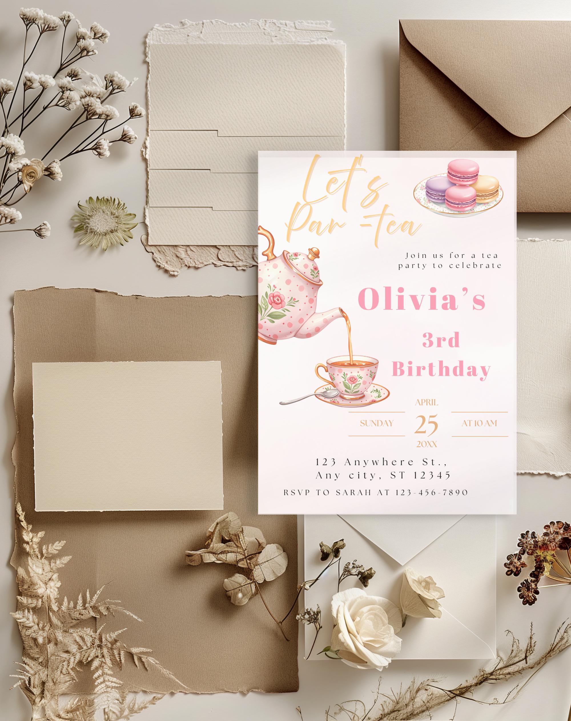 Tea Party Gold/Pink Birthday Invitation