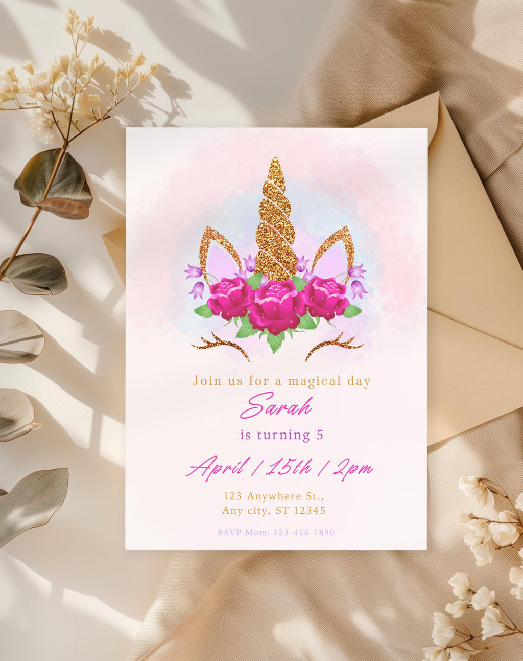 Unicorn Pink Gold Floral Birthday Invitation