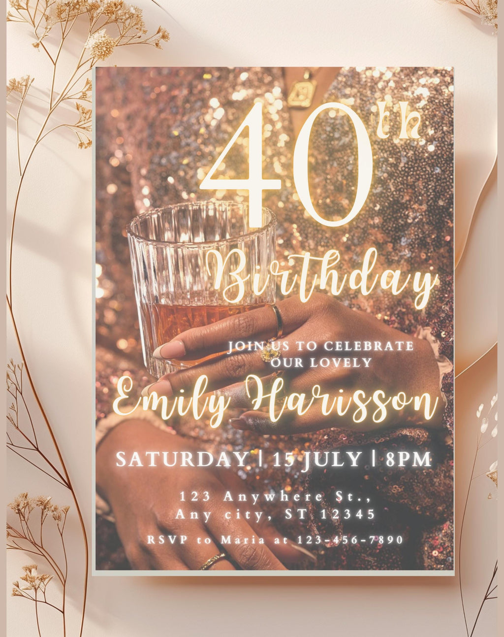 40th Gold Glitter Birthday Invitation