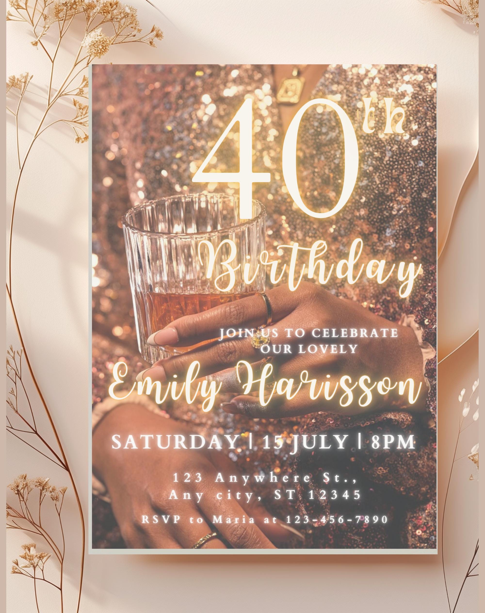 40th Gold Glitter Birthday Invitation