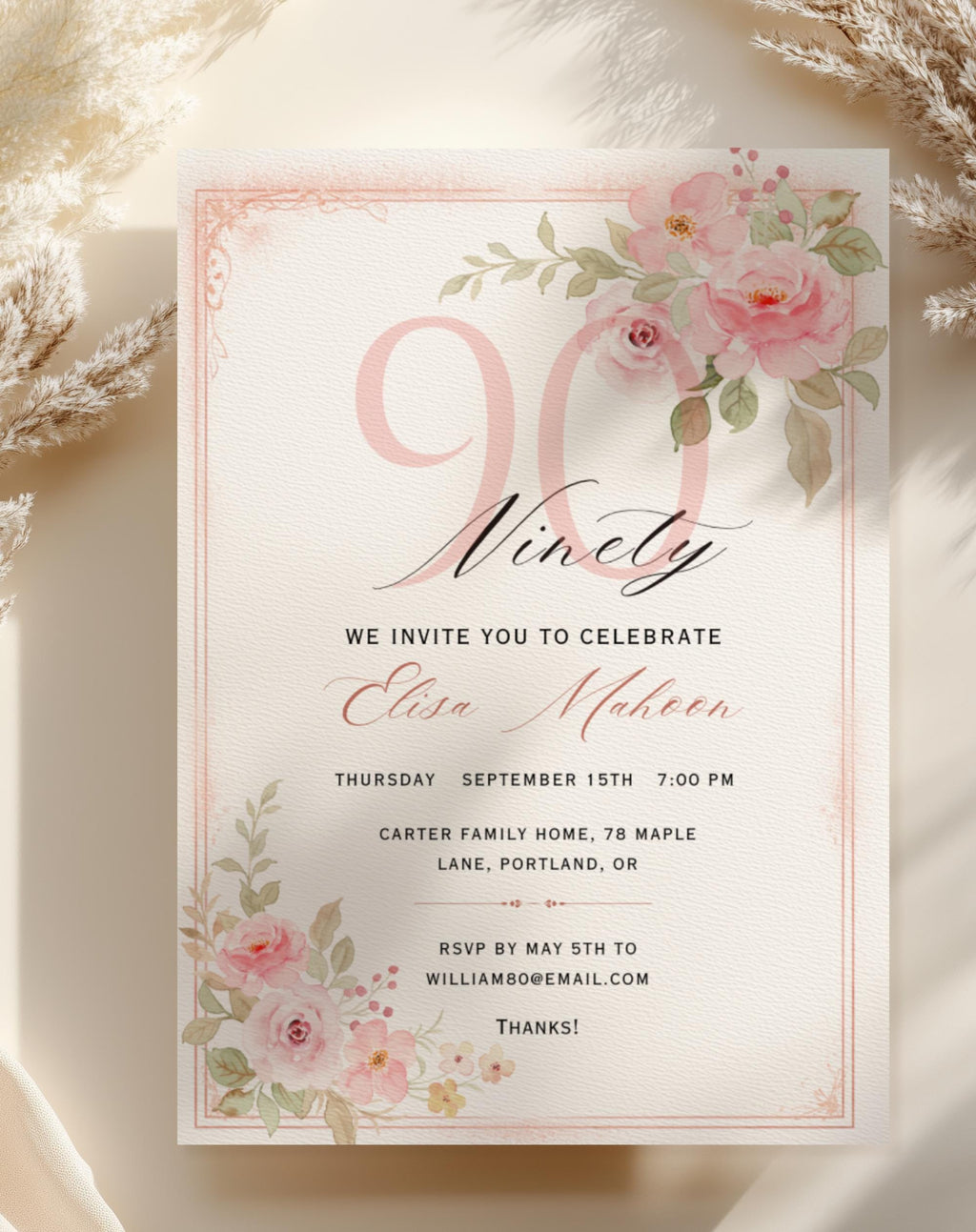 90th Birthday Invitation Pink Floral Elegant Invitation - main design preview