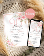 90th Birthday Invitation Pink Floral Elegant Invitation - editable Canva template gallery image