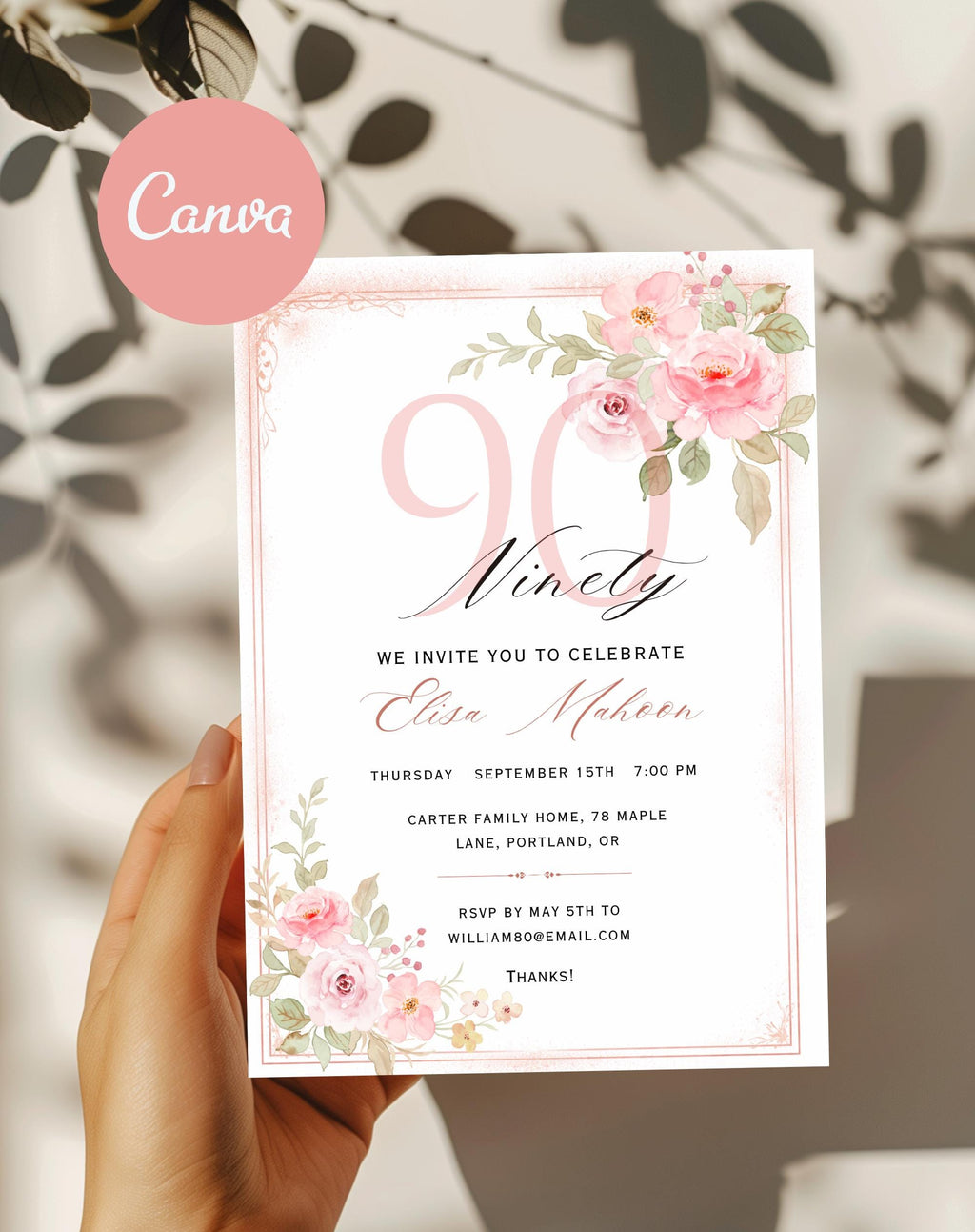 90th Birthday Invitation Pink Floral Elegant Invitation - printable invite design detail