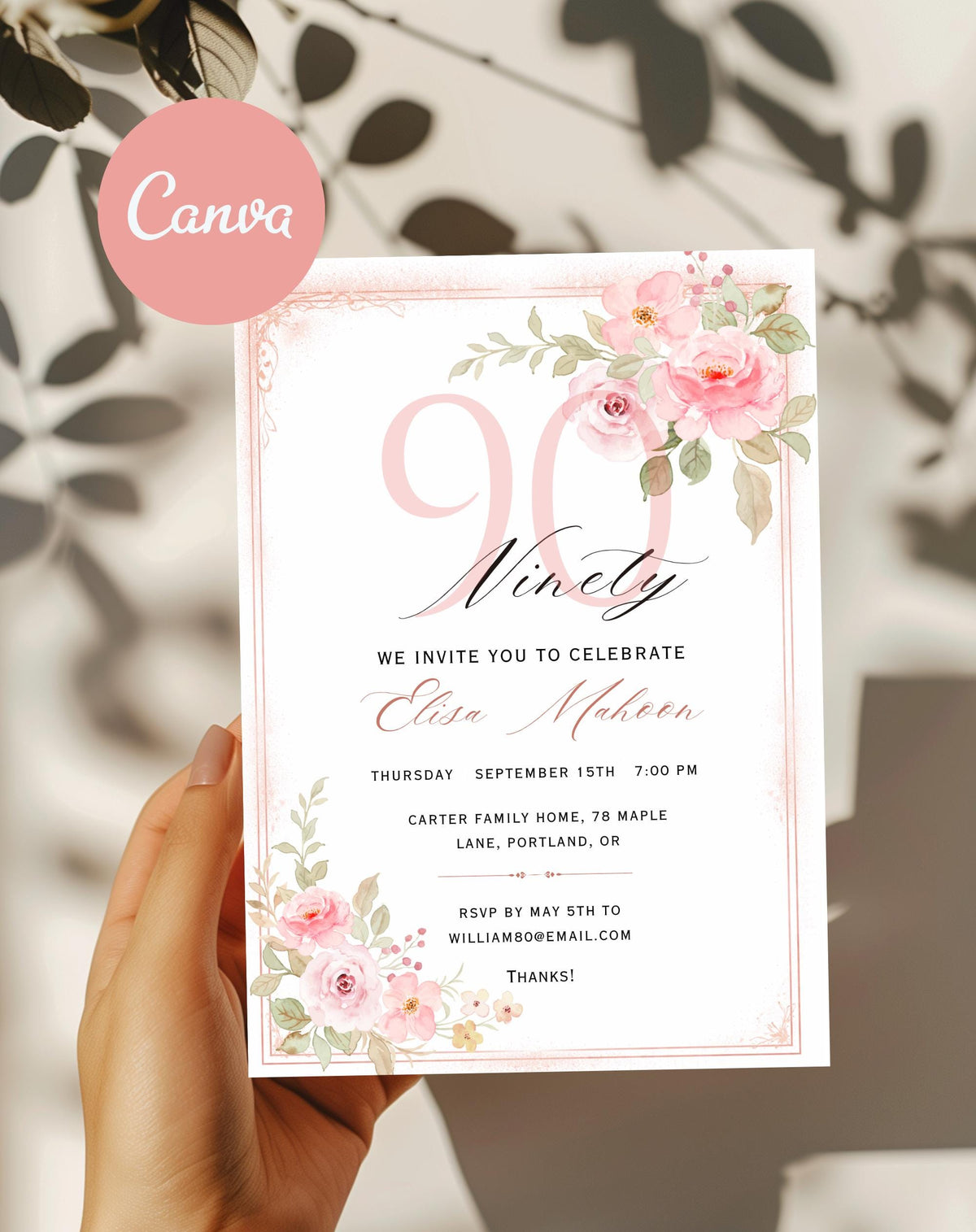 90th Birthday Invitation Pink Floral Elegant Invitation - printable invite design detail