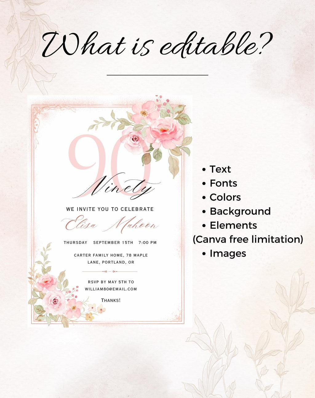 90th Birthday Invitation Pink Floral Elegant Invitation - styled invitation mockup