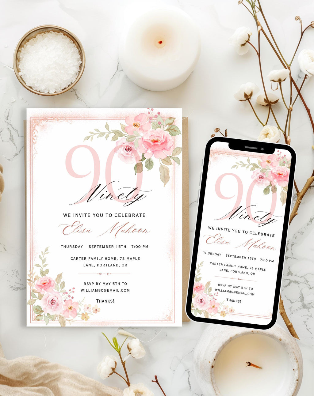 90th Birthday Invitation Pink Floral Elegant Invitation - additional gallery view