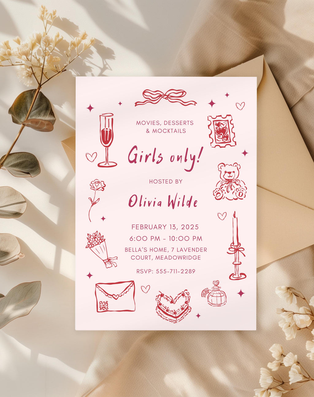 Pink Galentine Party Girls Night Invitation