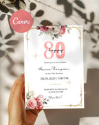80th Pink Gold Floral Elegant Birthday Invitation