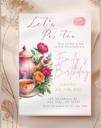 Tea Party Watercolor Floral Macaron Birthday Invitation