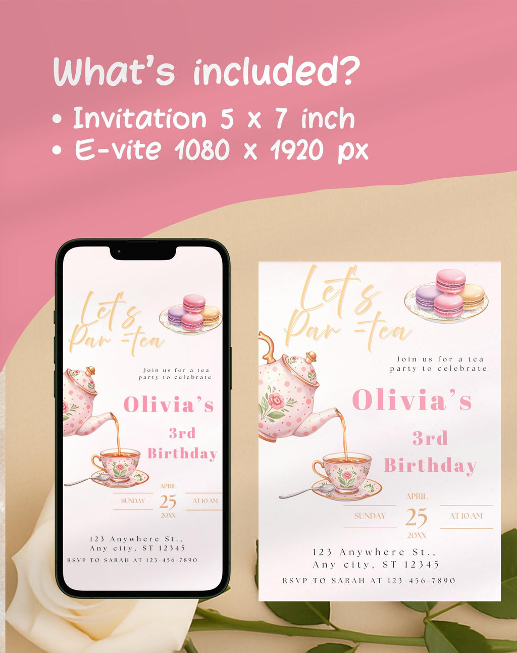 Tea Party Gold/Pink Birthday Invitation