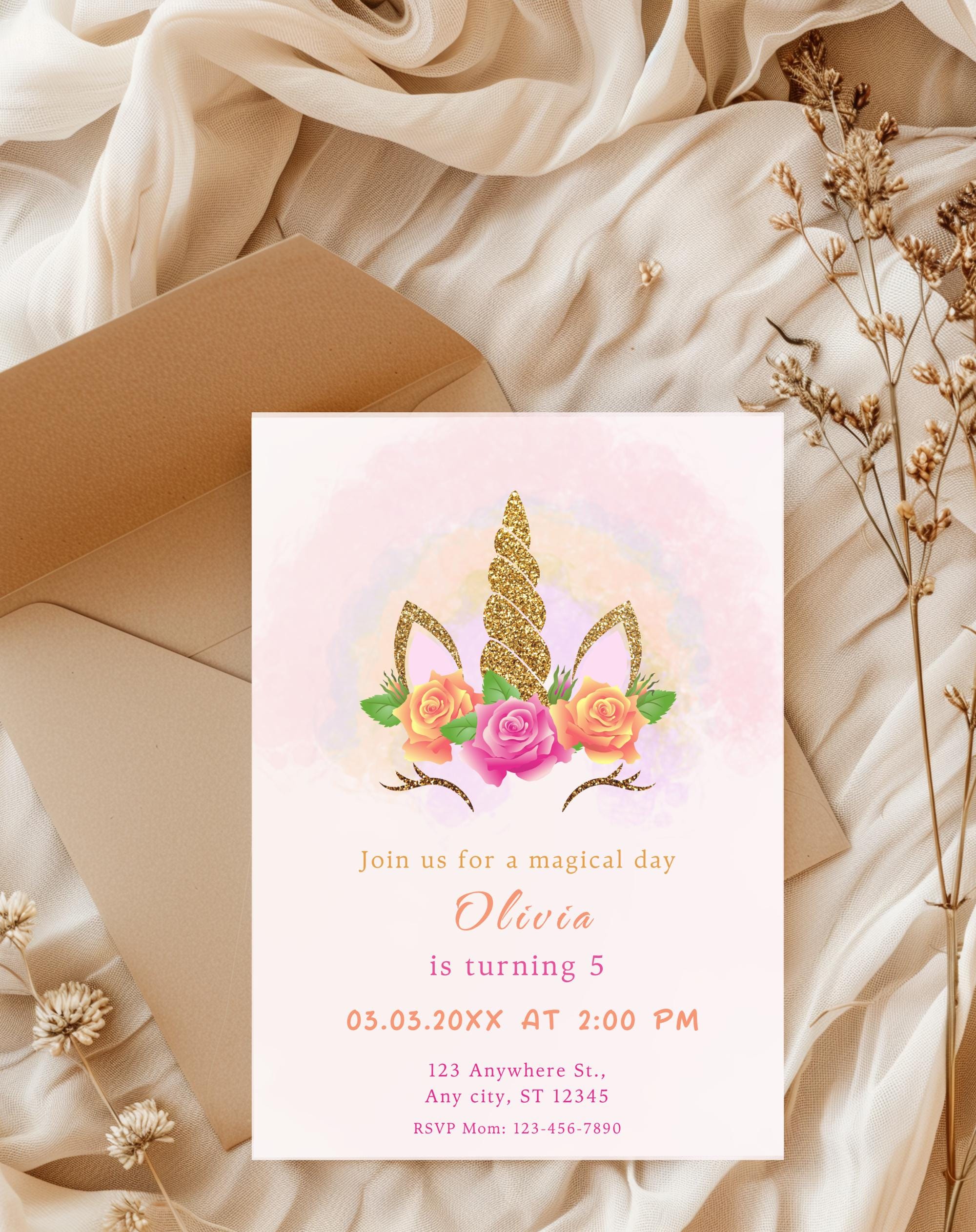 Unicorn Gold Watercolor Floral Birthday Invitation