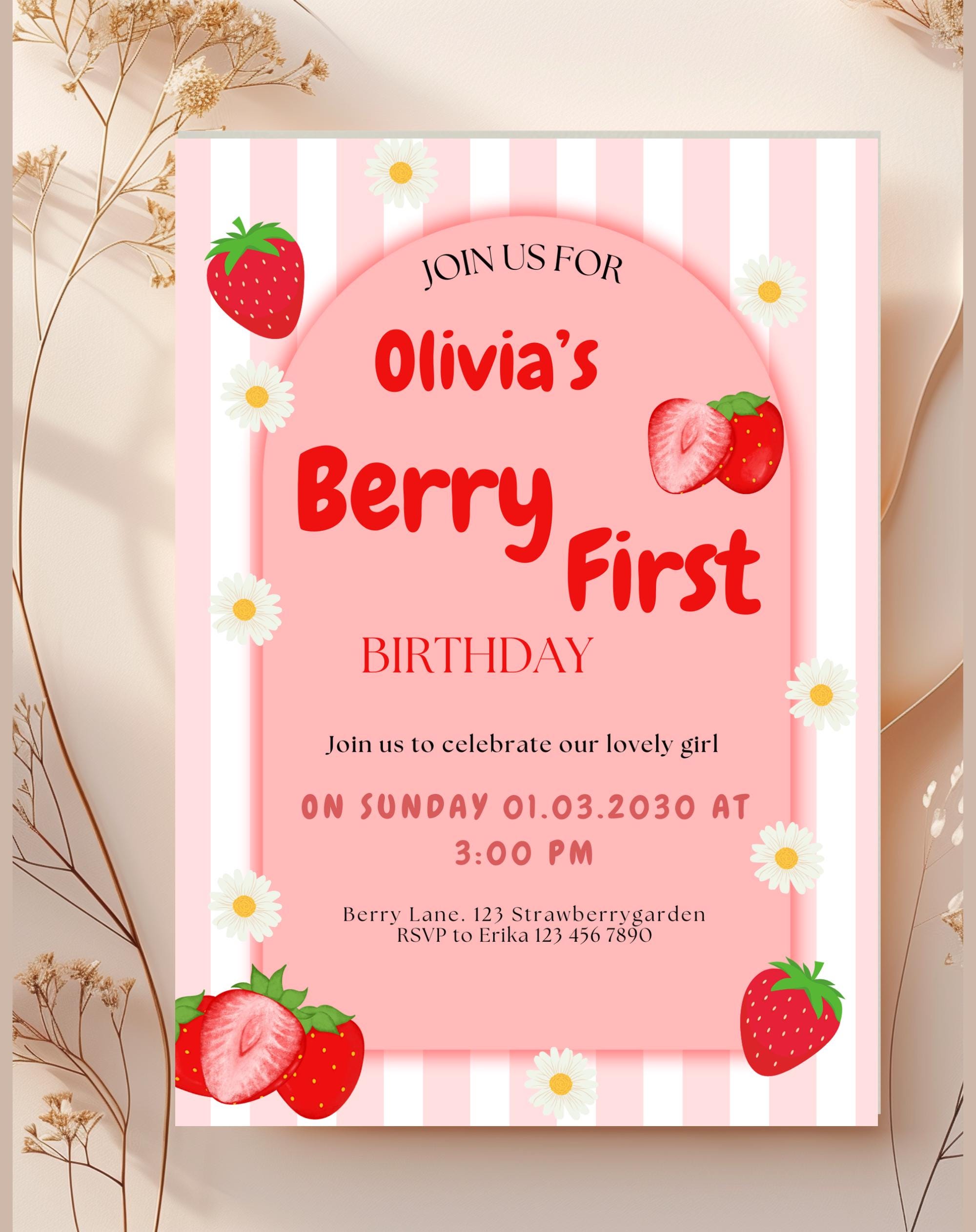 Strawberry Berry First Birthday Invitation